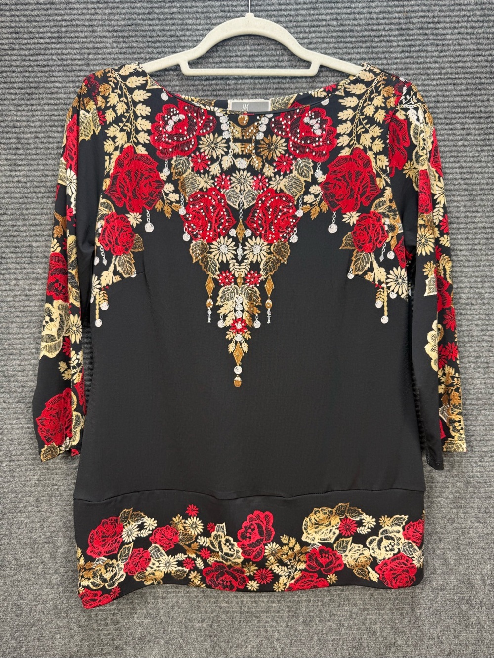 JM Collection Black Tunic Small 3/4 Sleeves Red Gold Floral Print Rhinestones